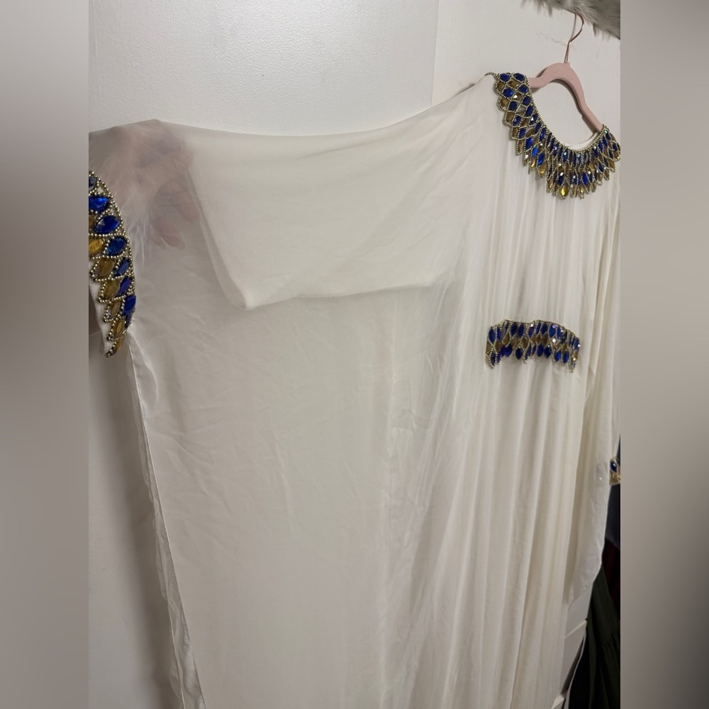 Embellished Ivory Maxi Dress with Blue & Gold Accents - Picture 3 of 7